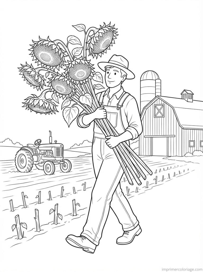 coloriage tournesol recolte fermier grange - dessin gratuit &agrave; imprimer