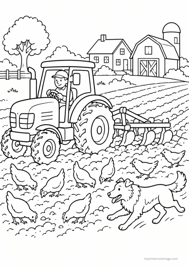 coloriage tracteur animaux poules chien charrue - dessin gratuit &agrave; imprimer