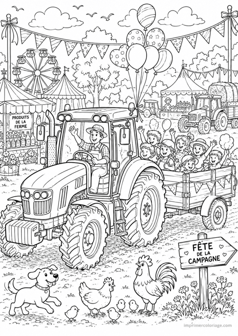 coloriage tracteur scene fete campagne manege - dessin gratuit &agrave; imprimer