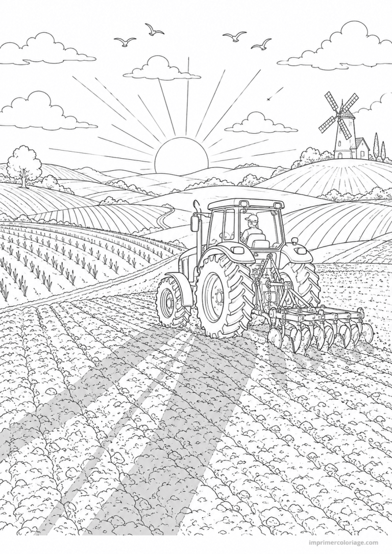 coloriage tracteur scene labour moulin - dessin gratuit &agrave; imprimer