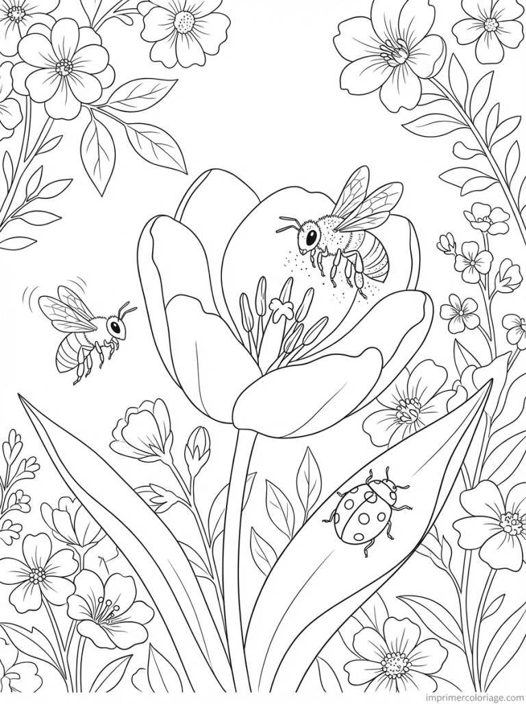 coloriage tulipe abeille pollen coccinelle - dessin gratuit &agrave; imprimer
