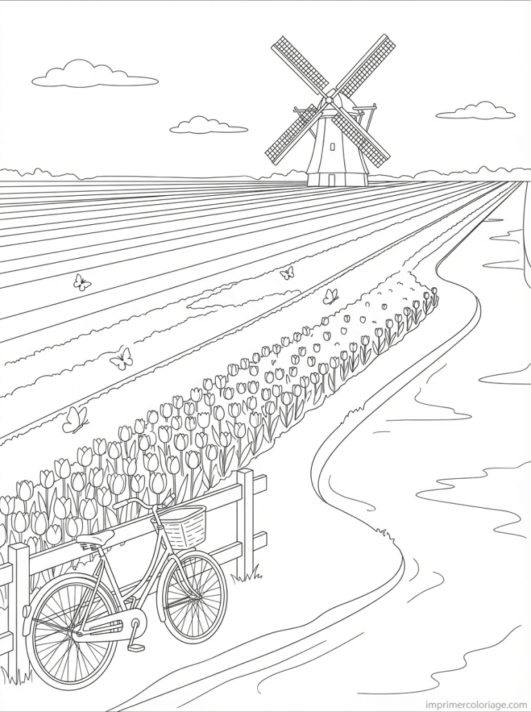 coloriage tulipe champ hollandais moulin - dessin gratuit &agrave; imprimer