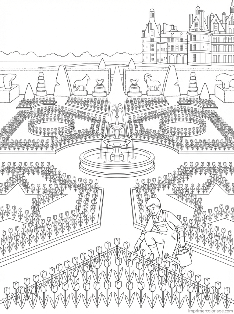 coloriage tulipe chateau jardin fontaine - dessin gratuit &agrave; imprimer