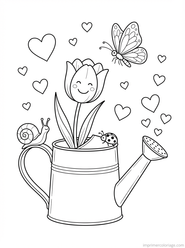 coloriage tulipe cute arrosoir coccinelle - dessin gratuit &agrave; imprimer