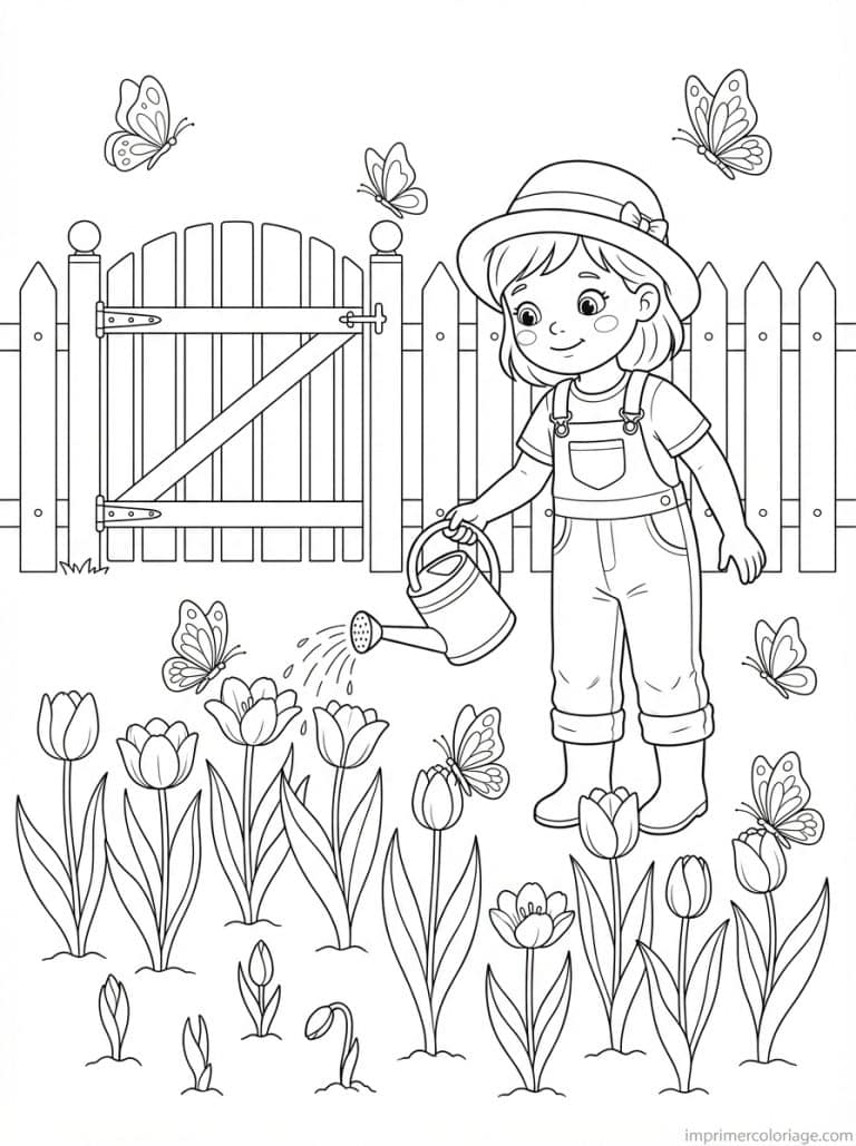 coloriage tulipe fille arrose jardin - dessin gratuit &agrave; imprimer