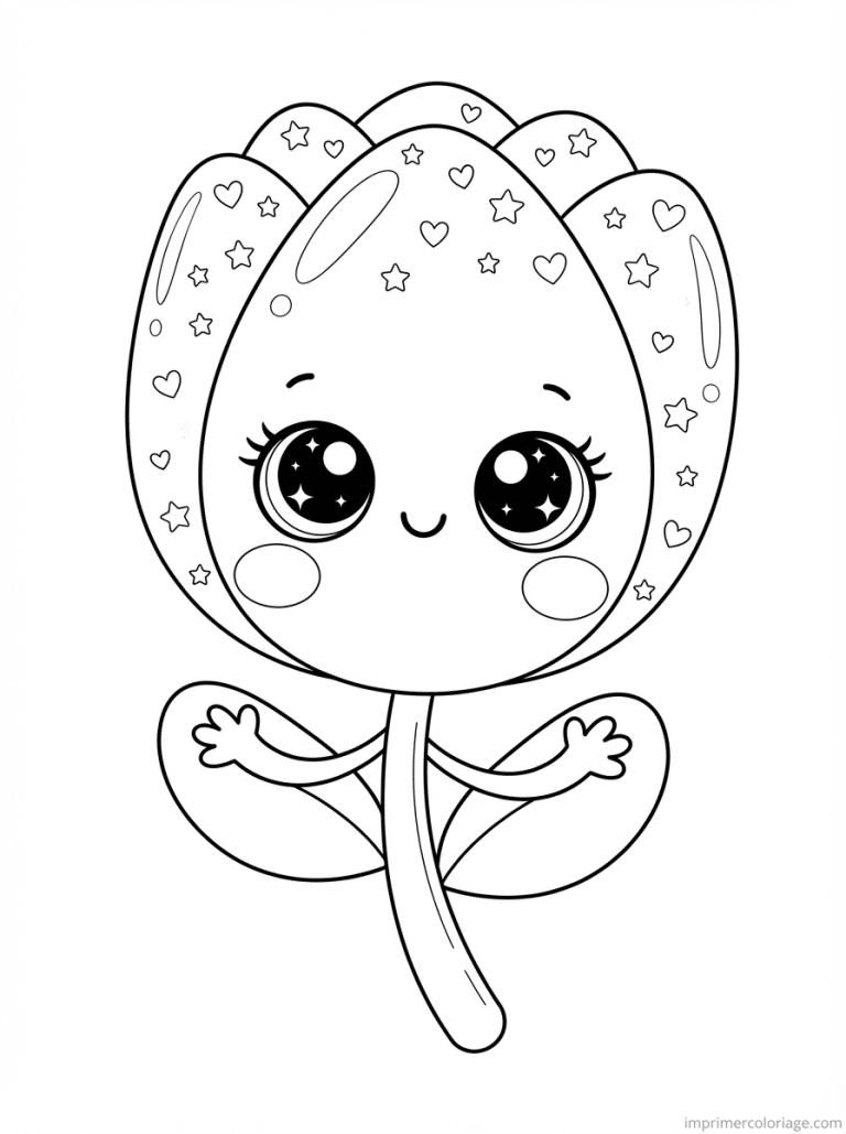 coloriage tulipe kawaii petales coeurs - dessin gratuit &agrave; imprimer