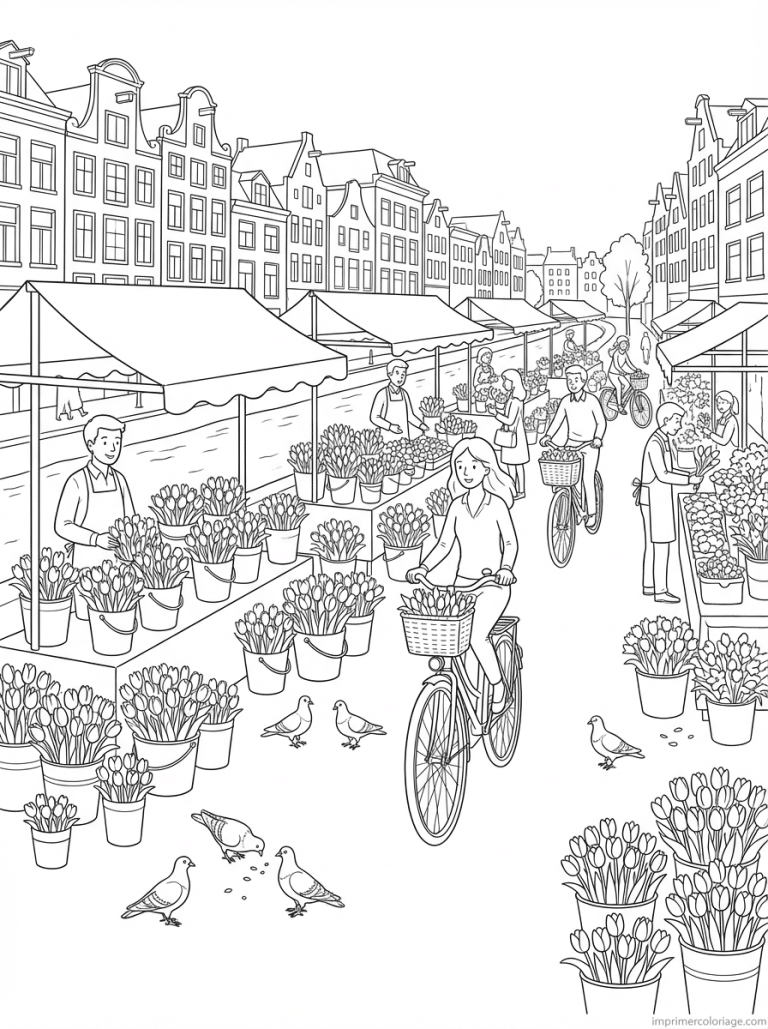 coloriage tulipe marche amsterdam canal - dessin gratuit &agrave; imprimer