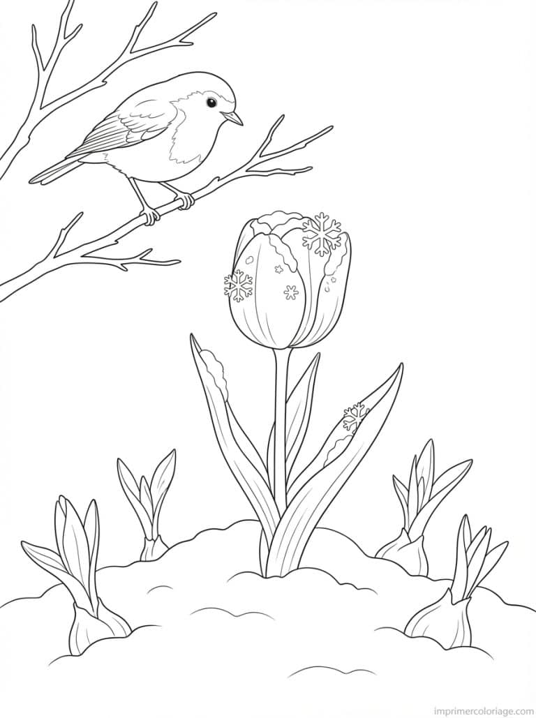 coloriage tulipe neige rouge gorge - dessin gratuit &agrave; imprimer
