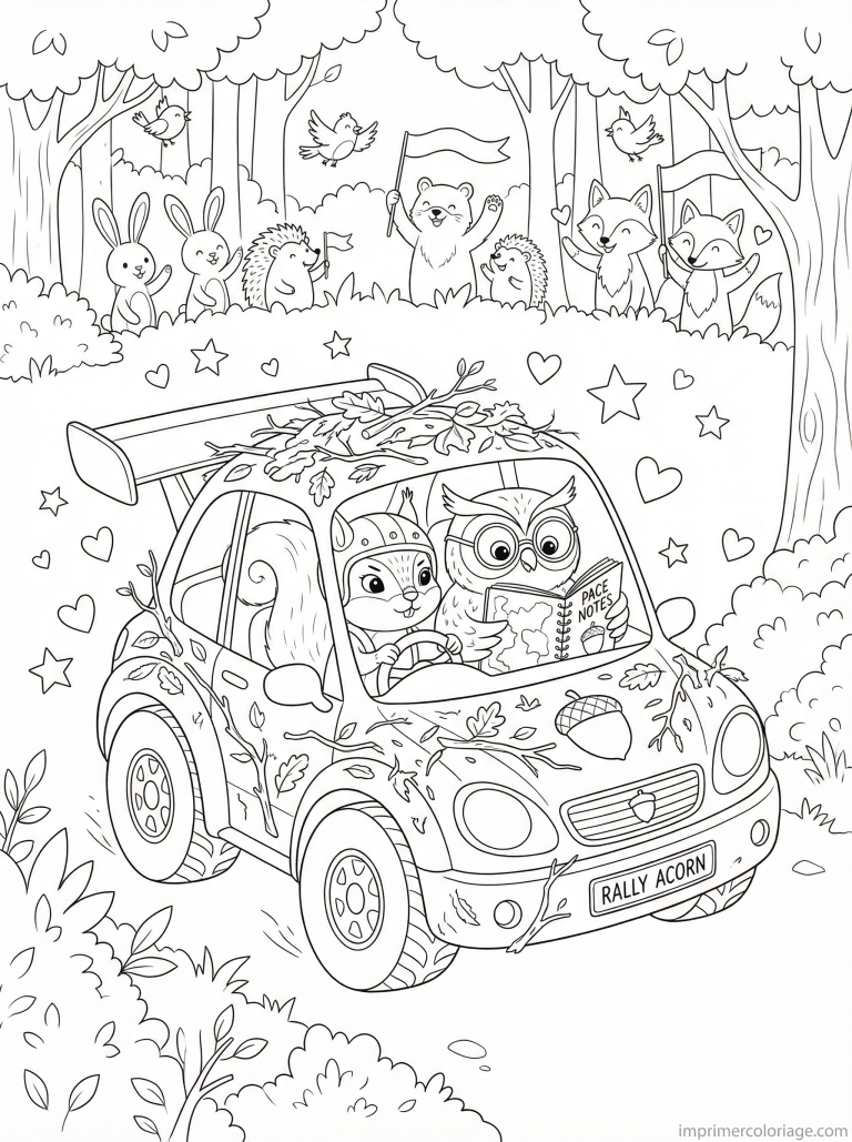 coloriage voiture rallye cute ecureuil hibou - dessin gratuit &agrave; imprimer