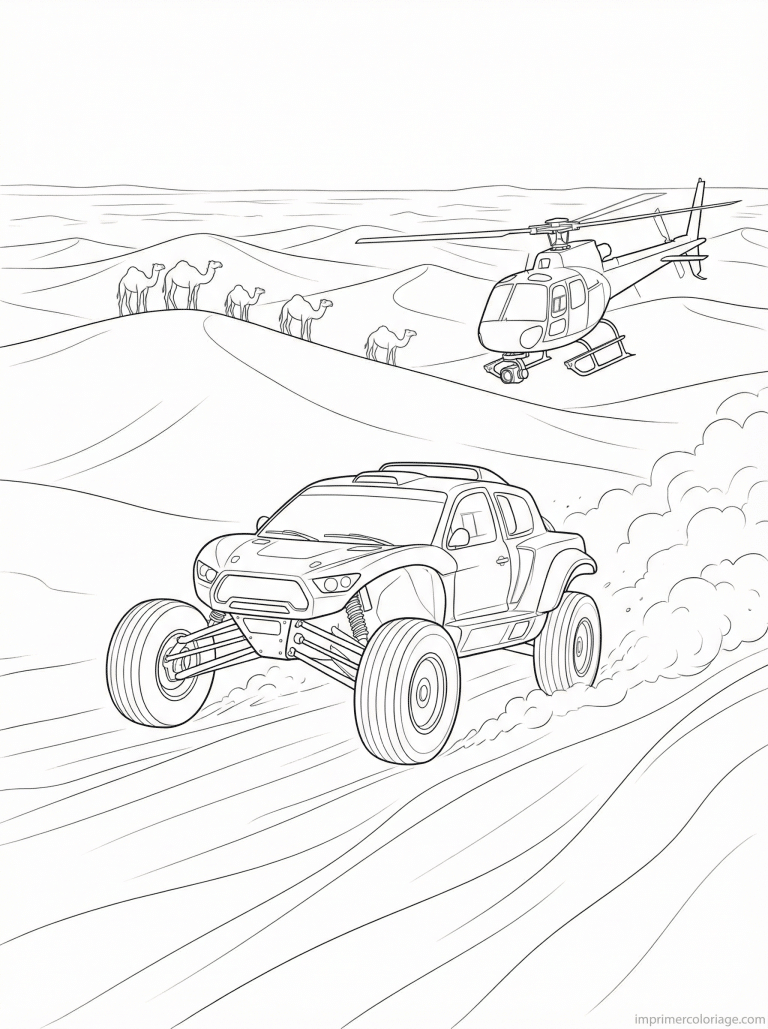 coloriage voiture rallye dakar dunes helicoptere - dessin gratuit &agrave; imprimer