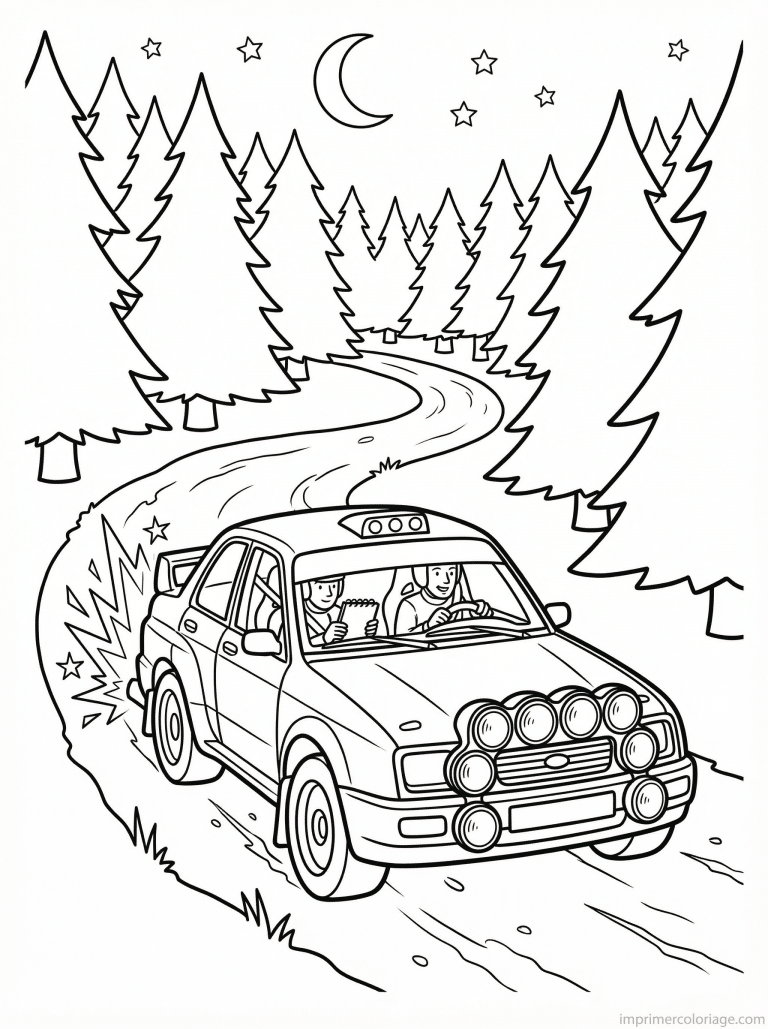 coloriage voiture rallye nuit phares foret - dessin gratuit &agrave; imprimer