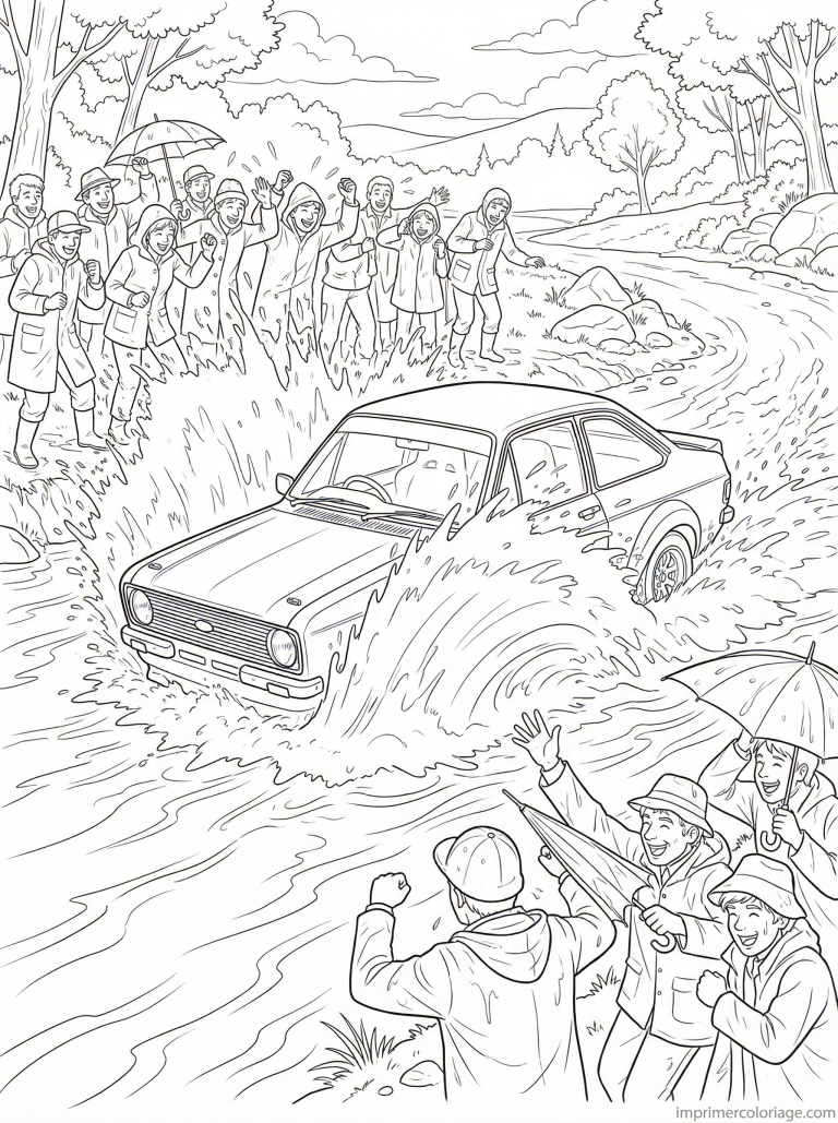 coloriage voiture rallye passage eau spectateurs - dessin gratuit &agrave; imprimer