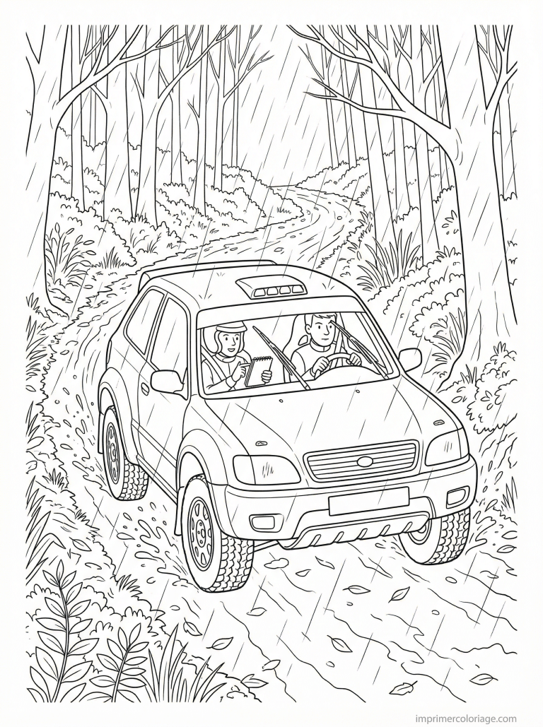 coloriage voiture rallye pluie boue foret - dessin gratuit &agrave; imprimer