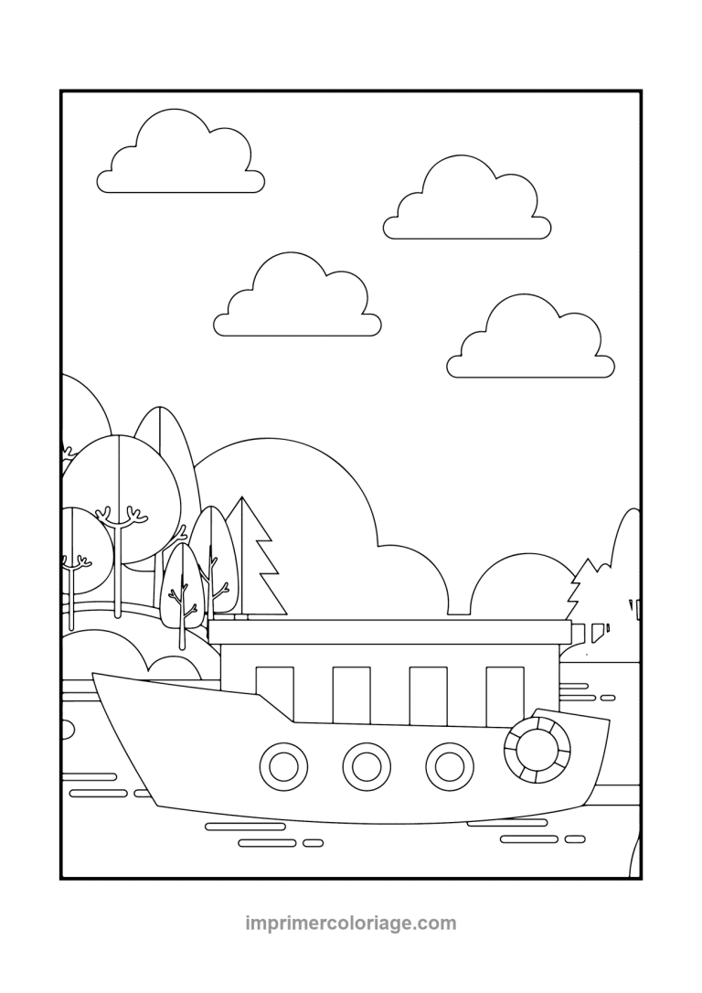 ferry cartoon hublots arbres nuages ponton - dessin gratuit &agrave; imprimer