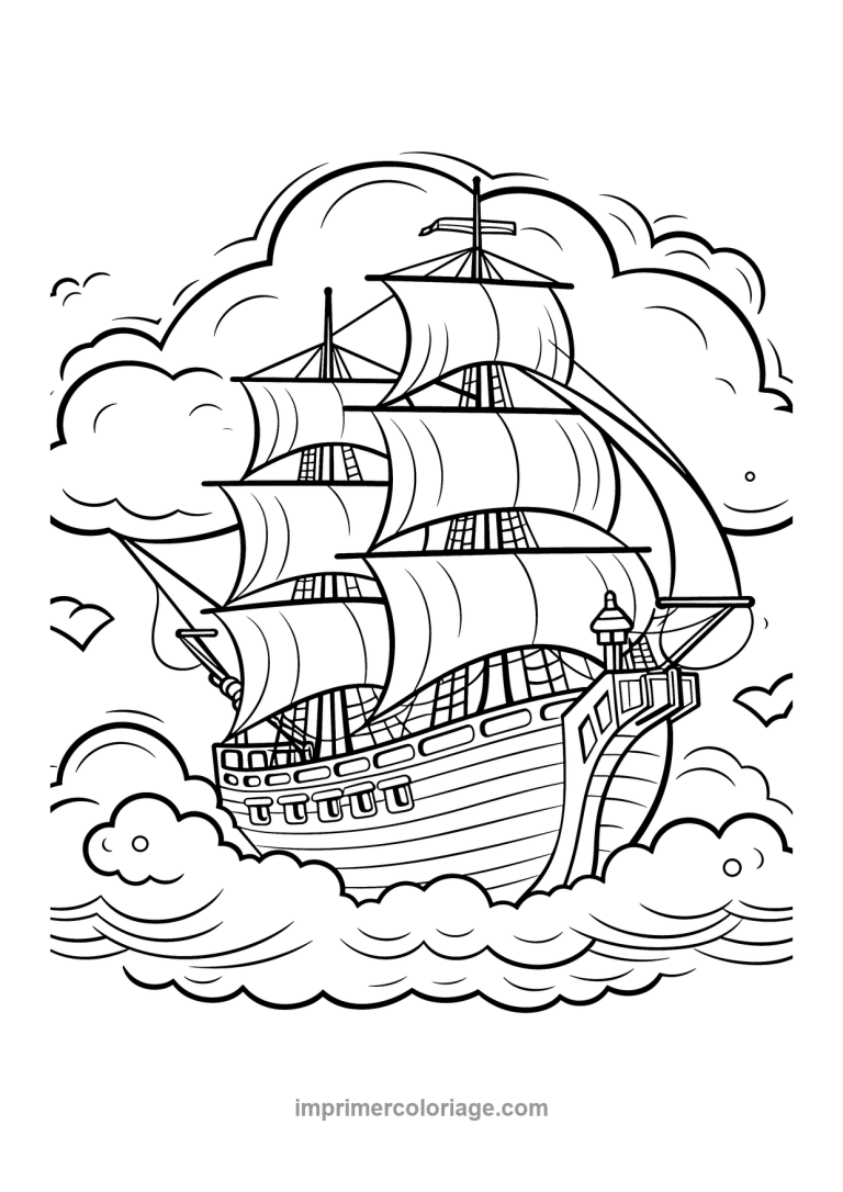galion nombreuses voiles nuages oiseaux - dessin gratuit &agrave; imprimer