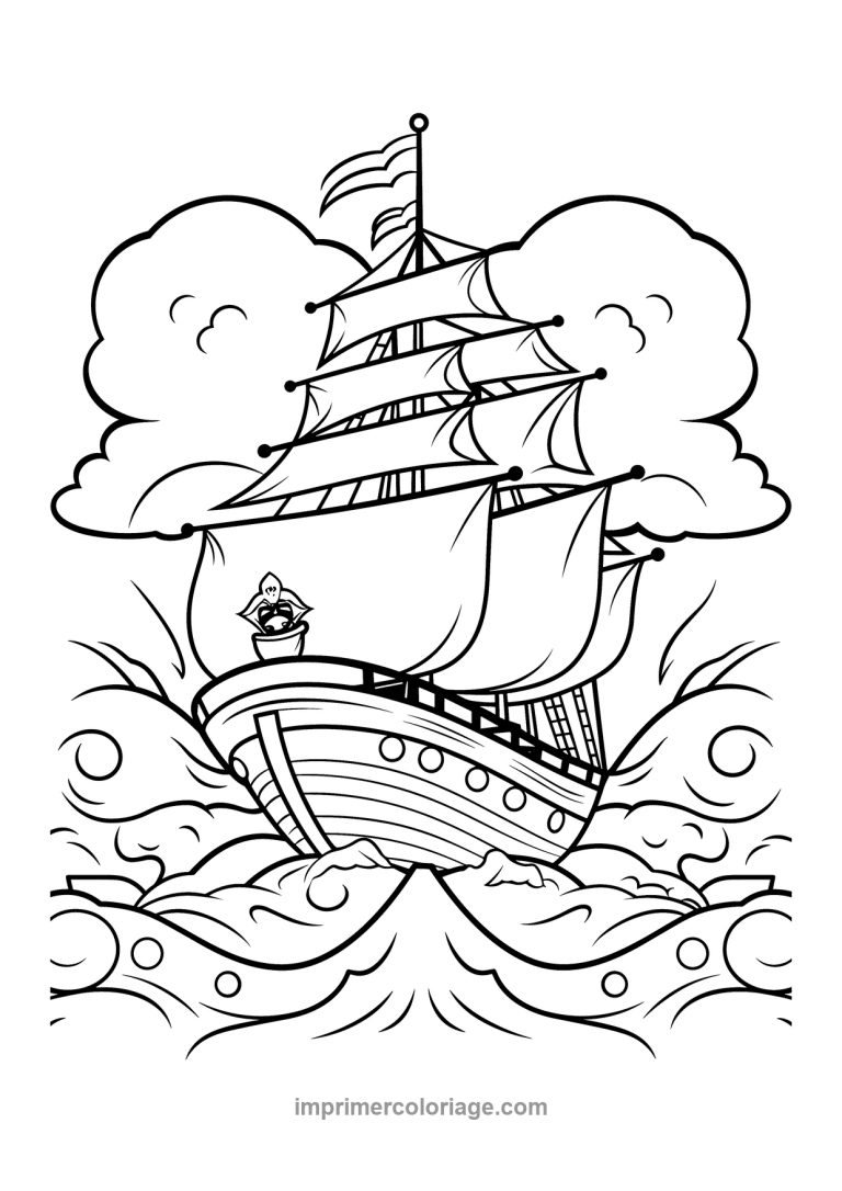 galion pirate nuages vagues tourbillon - dessin gratuit &agrave; imprimer
