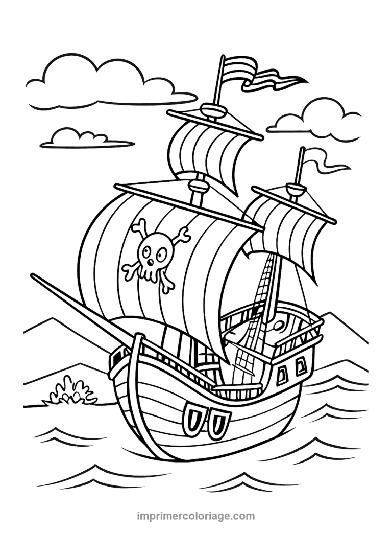 galion pirate trois voiles crane nuages - dessin gratuit &agrave; imprimer