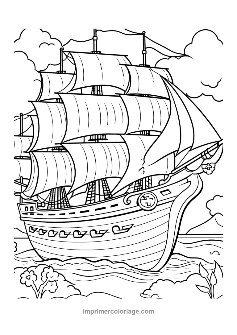 galion voiles gonflees fleurs mer - dessin gratuit &agrave; imprimer