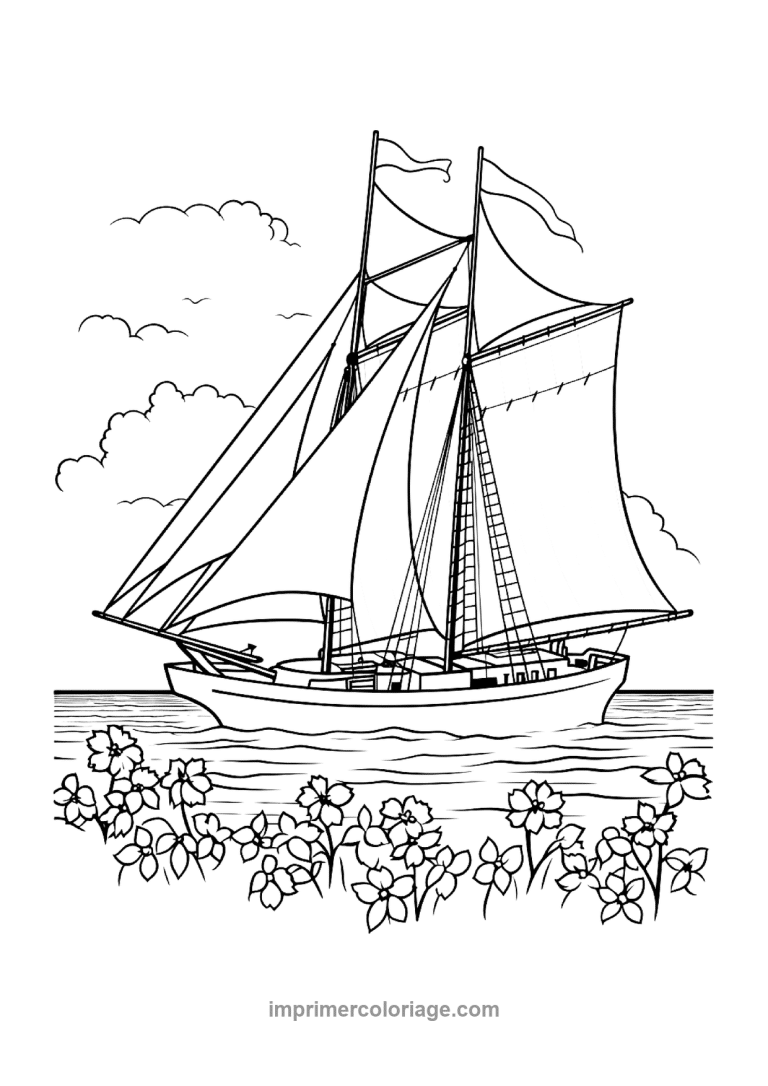 goelette deux mats fleurs premier plan - dessin gratuit &agrave; imprimer