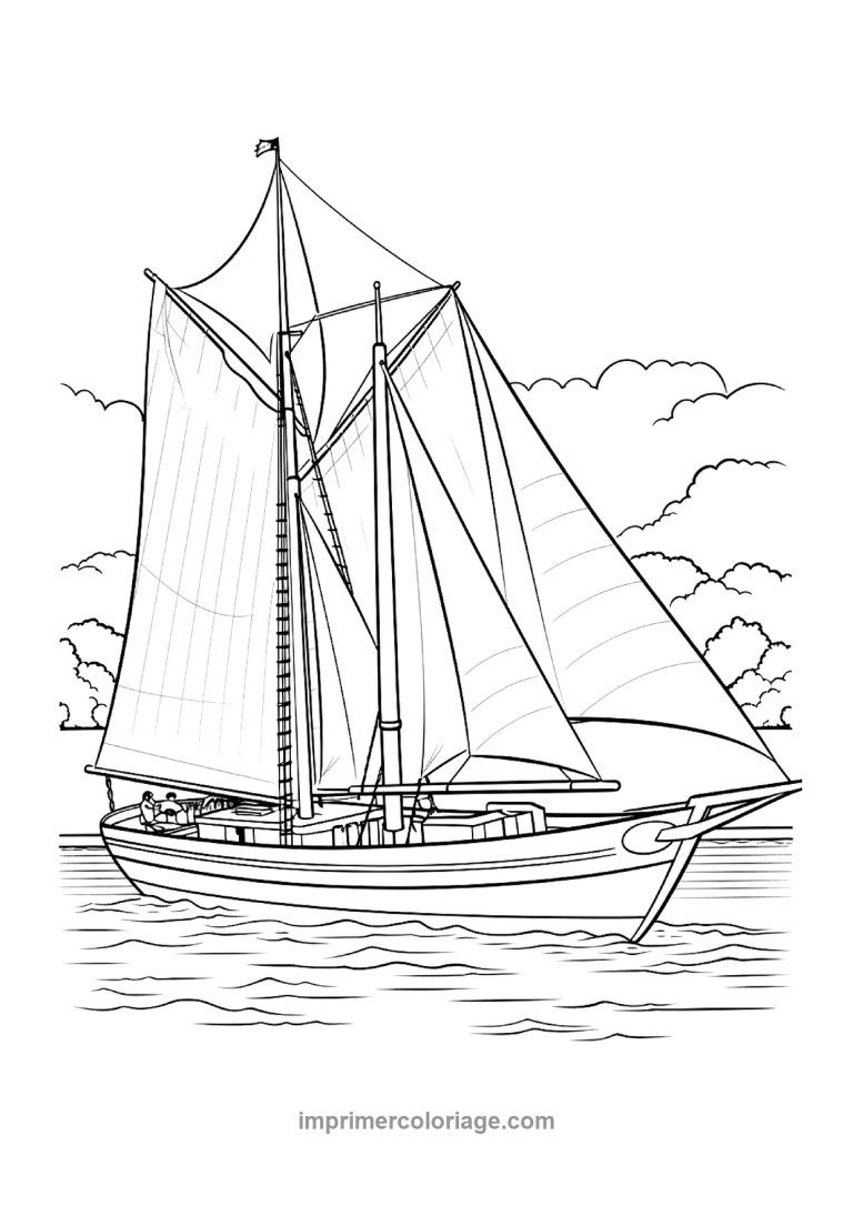 goelette deux mats voiles blanches nuages - dessin gratuit &agrave; imprimer