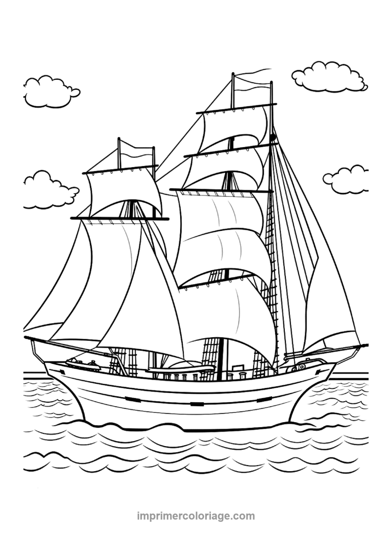 goelette deux mats voiles nuages vagues - dessin gratuit &agrave; imprimer