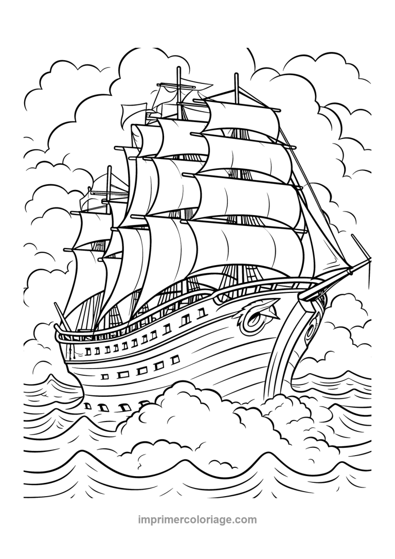 grand voilier clipper nuages vagues - dessin gratuit &agrave; imprimer