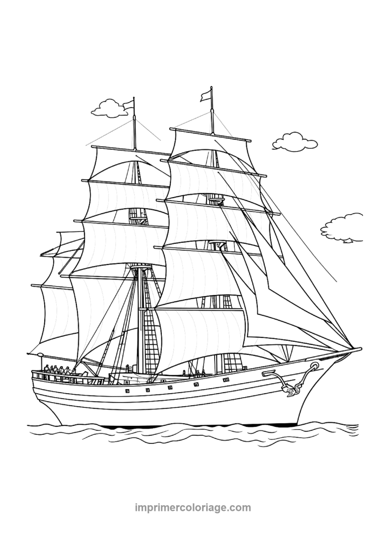 grand voilier trois mats equipage nuages - dessin gratuit &agrave; imprimer