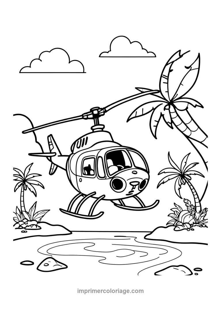 helicoptere cartoon ile palmiers riviere - dessin gratuit &agrave; imprimer