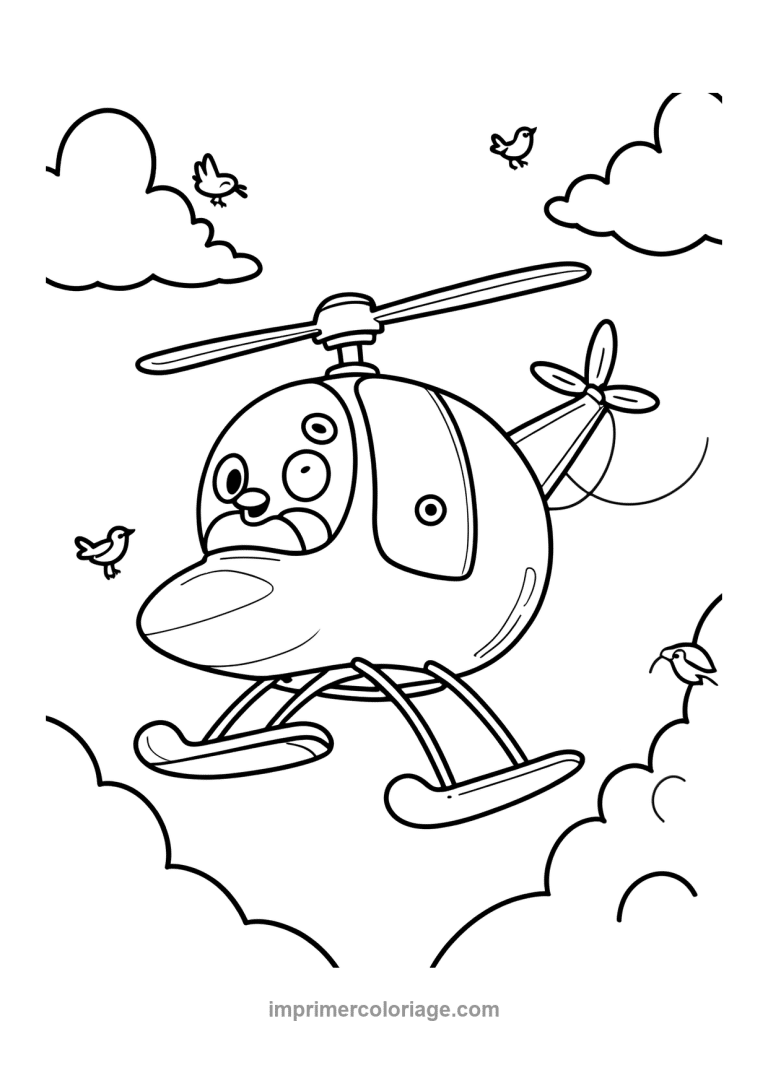 helicoptere cartoon visage oiseaux nuages - dessin gratuit &agrave; imprimer