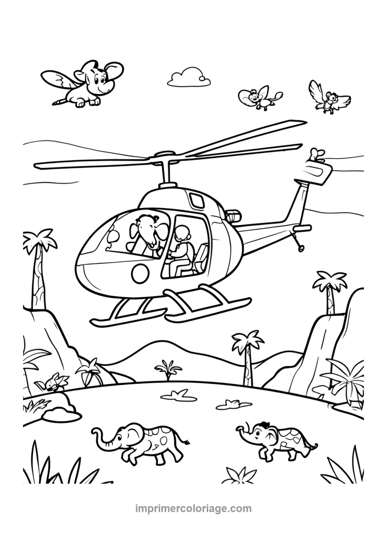 helicoptere elephants jungle palmiers vol - dessin gratuit &agrave; imprimer