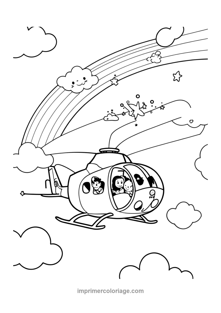 helicoptere enfants arc en ciel nuages - dessin gratuit &agrave; imprimer