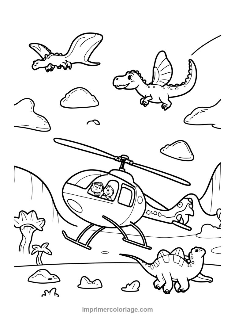 helicoptere enfants dinosaures nuages vol - dessin gratuit &agrave; imprimer