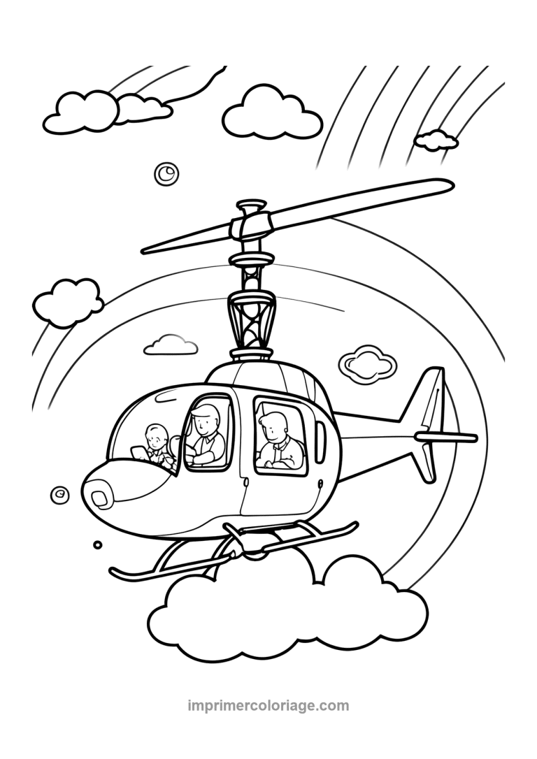 helicoptere famille arc en ciel nuages - dessin gratuit &agrave; imprimer