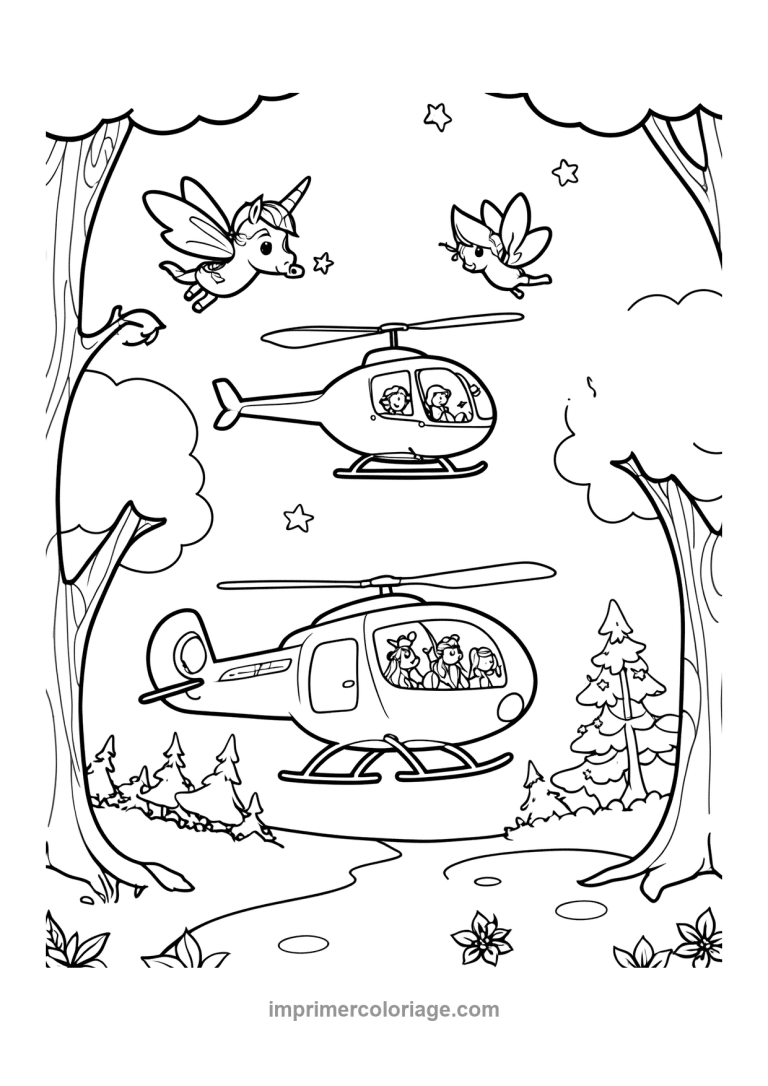 helicoptere fees licorne foret etoiles - dessin gratuit &agrave; imprimer