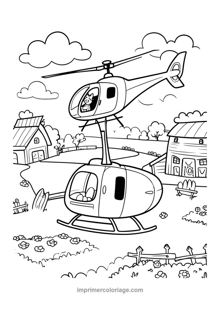 helicoptere ferme village nuages vol - dessin gratuit &agrave; imprimer