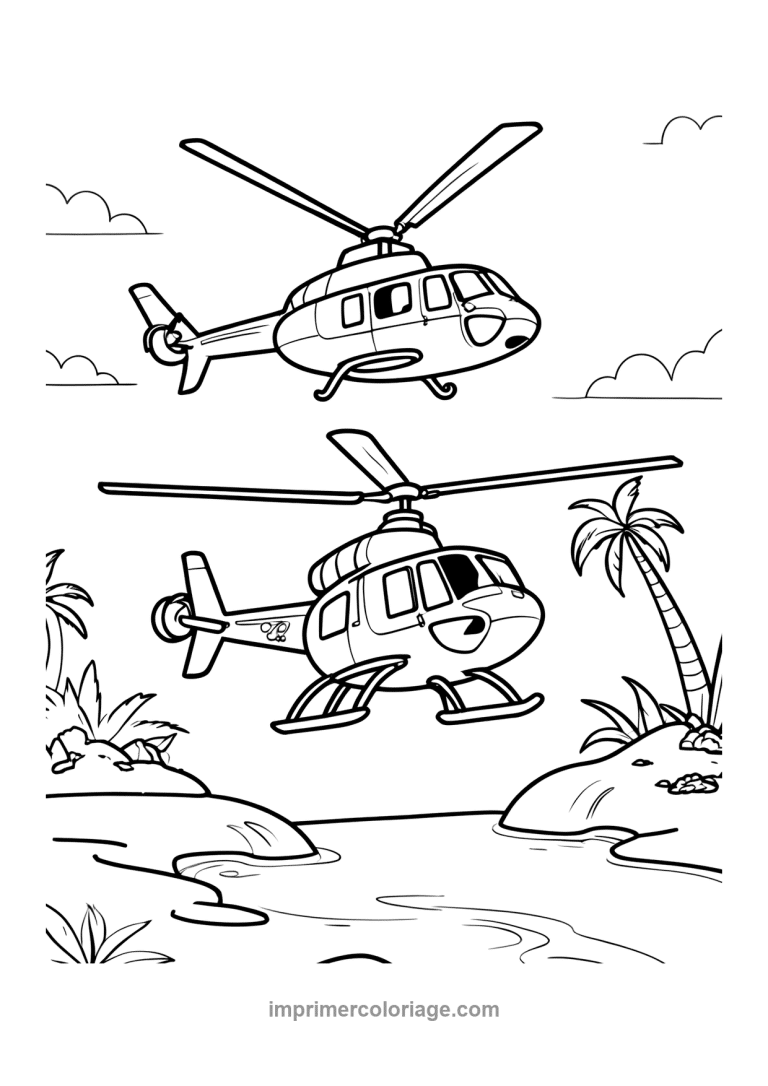 helicoptere ile palmier tropical vol - dessin gratuit &agrave; imprimer