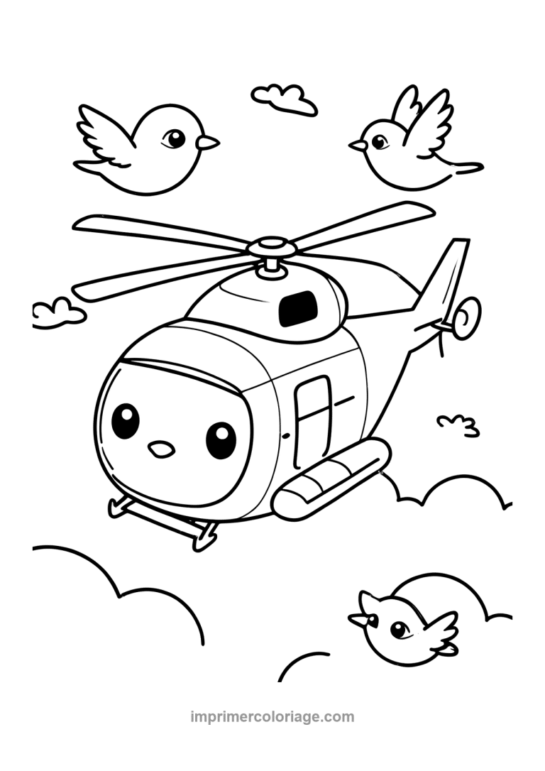 helicoptere kawaii oiseaux nuages mignon - dessin gratuit &agrave; imprimer