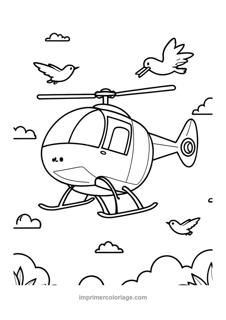 helicoptere mignon oiseaux nuages patins - dessin gratuit &agrave; imprimer
