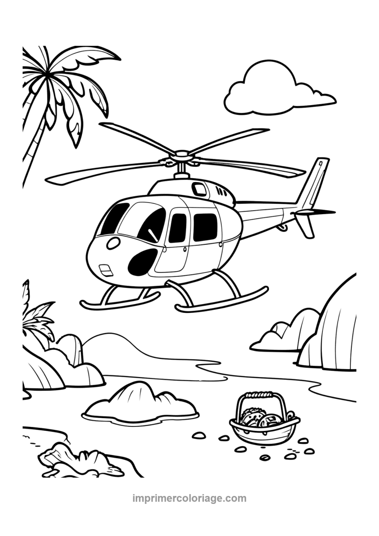 helicoptere plage palmier nuage vol - dessin gratuit &agrave; imprimer