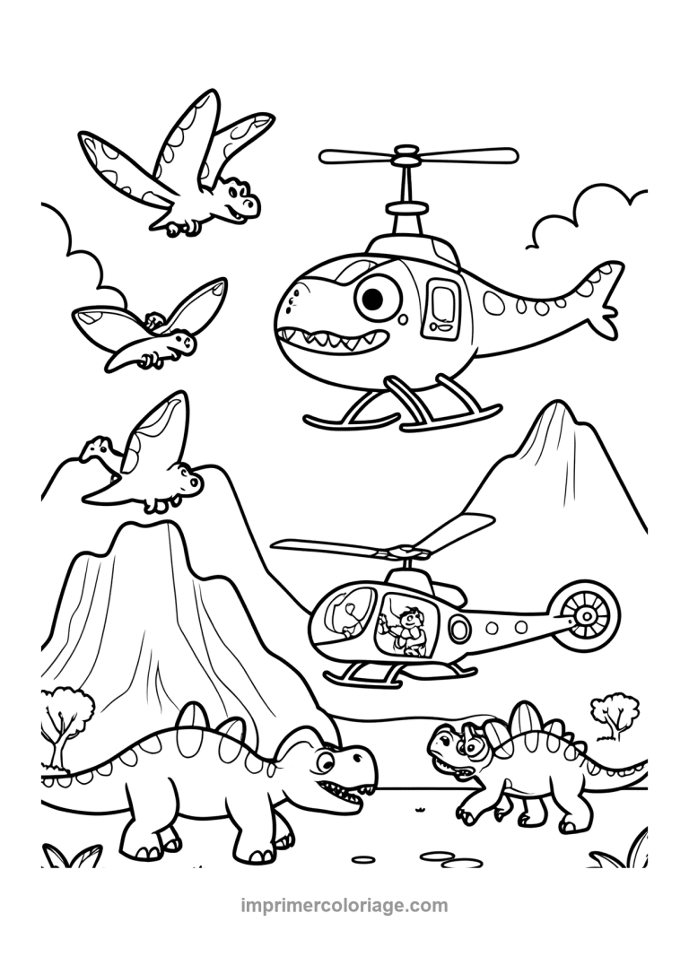 helicoptere requin dinosaures volcan vol - dessin gratuit &agrave; imprimer