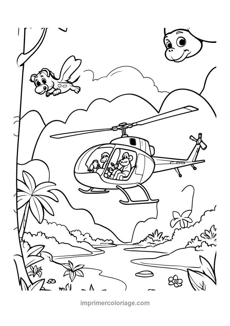 helicoptere singes jungle dinosaure riviere - dessin gratuit &agrave; imprimer