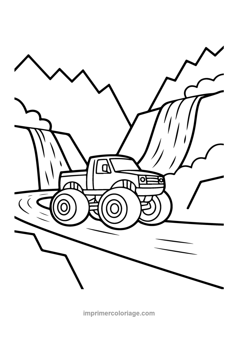 monster truck cascades montagnes riviere - dessin gratuit &agrave; imprimer