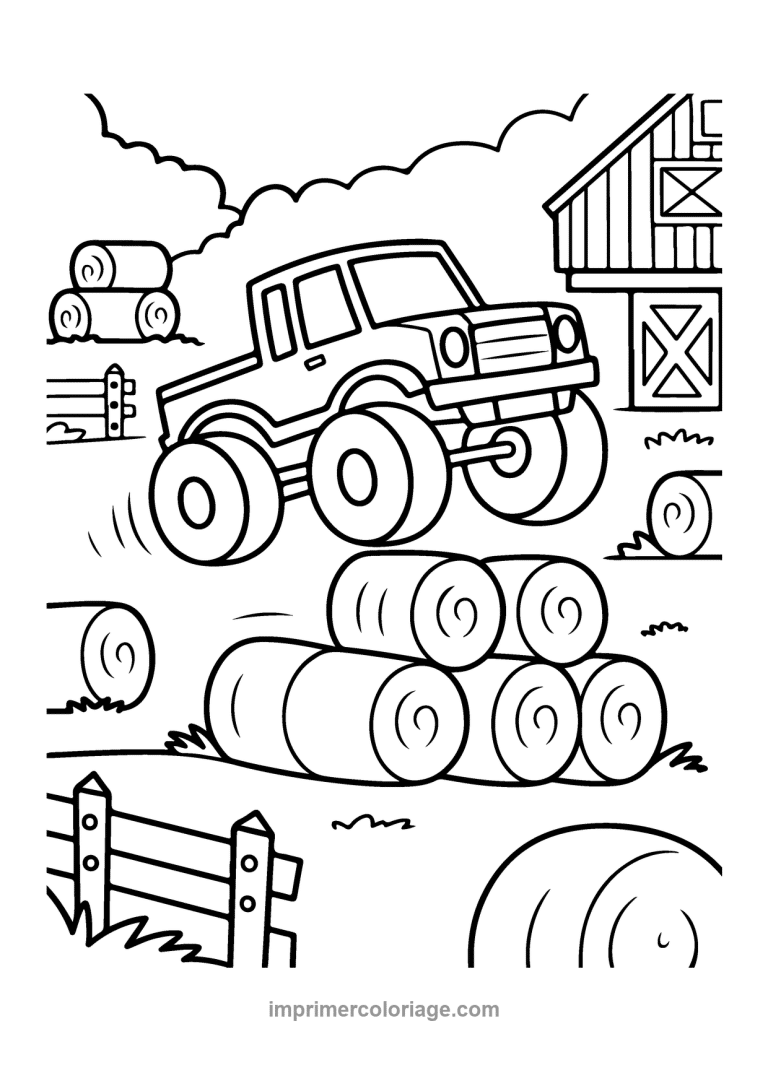 monster truck ferme bottes foin grange - dessin gratuit &agrave; imprimer