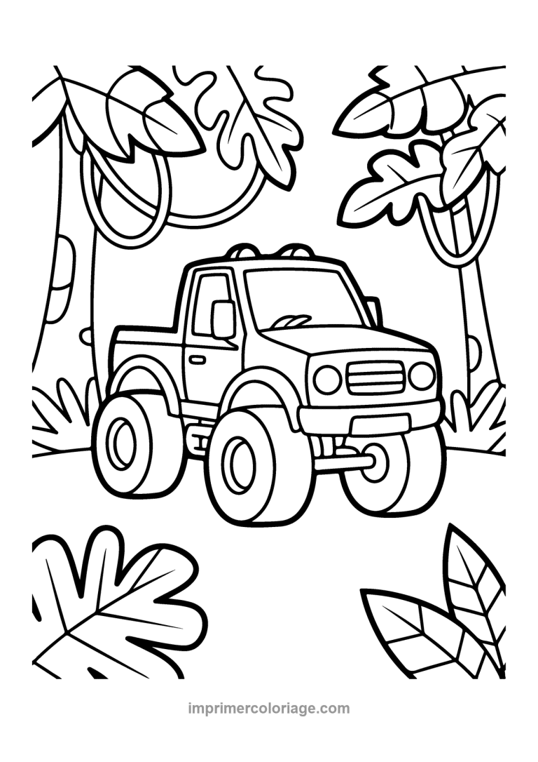 monster truck jungle feuilles tropicales - dessin gratuit &agrave; imprimer