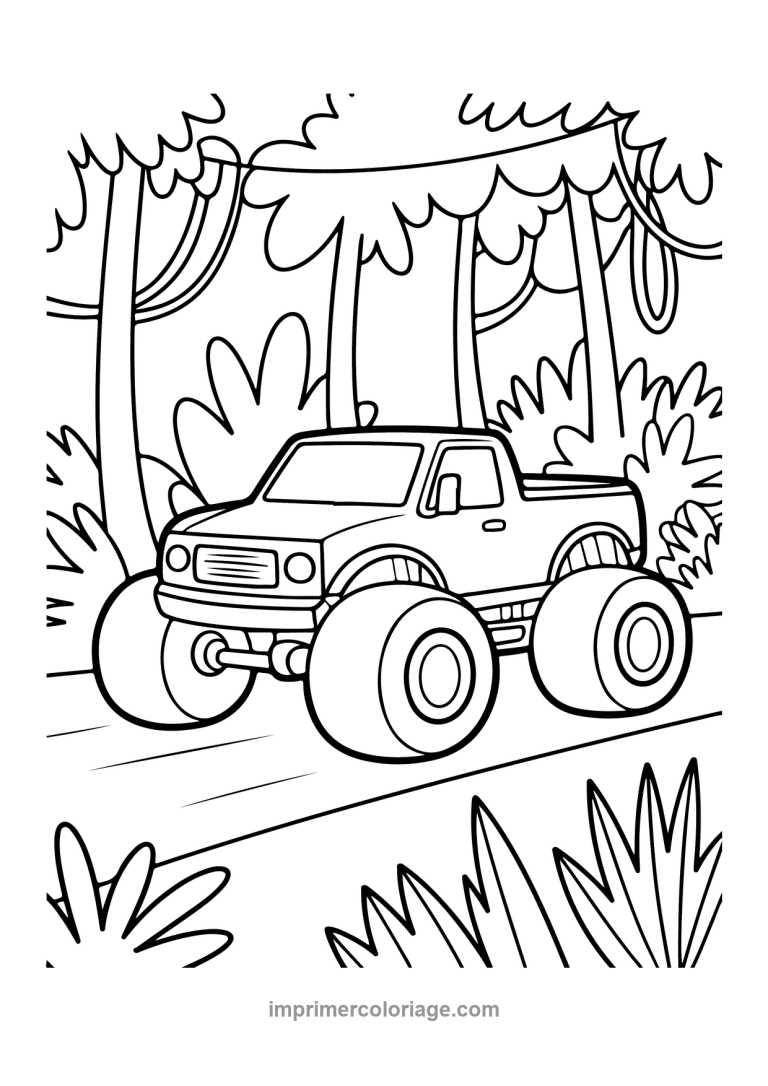 monster truck jungle palmiers vegetation - dessin gratuit &agrave; imprimer