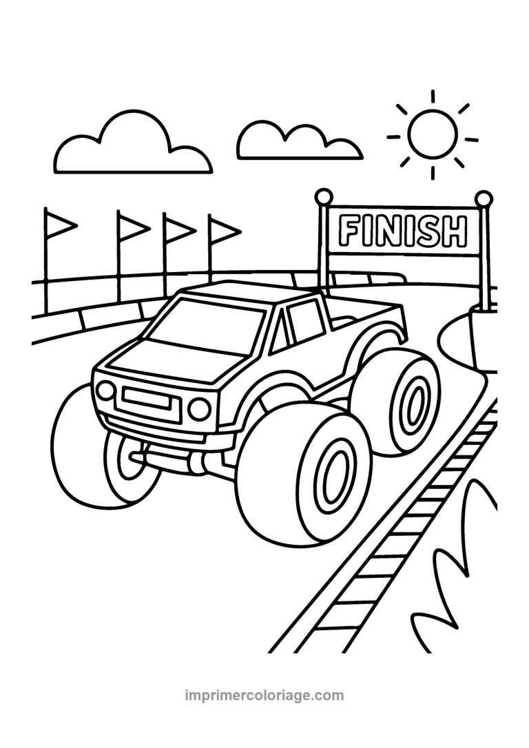 monster truck ligne arrivee finish drapeaux - dessin gratuit &agrave; imprimer