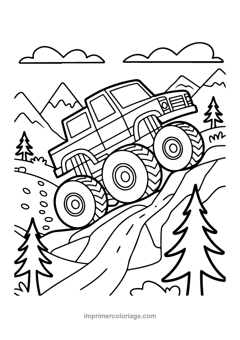monster truck montagne sapins nuages route - dessin gratuit &agrave; imprimer