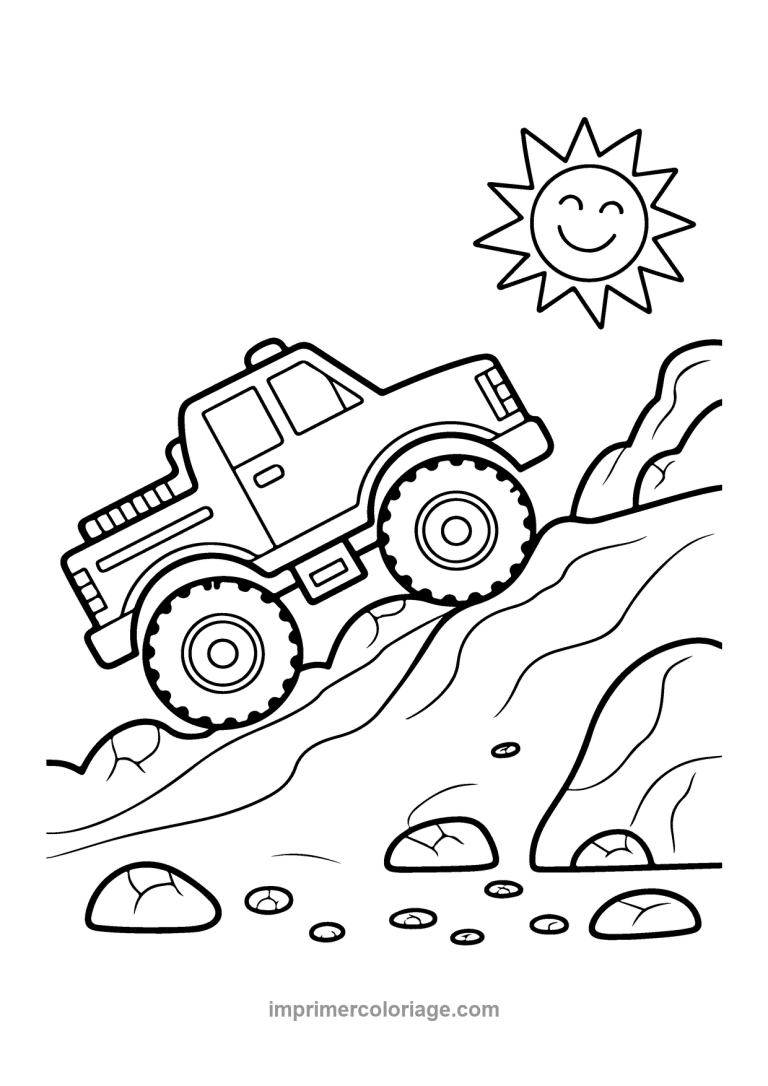 monster truck pente rochers soleil souriant - dessin gratuit &agrave; imprimer