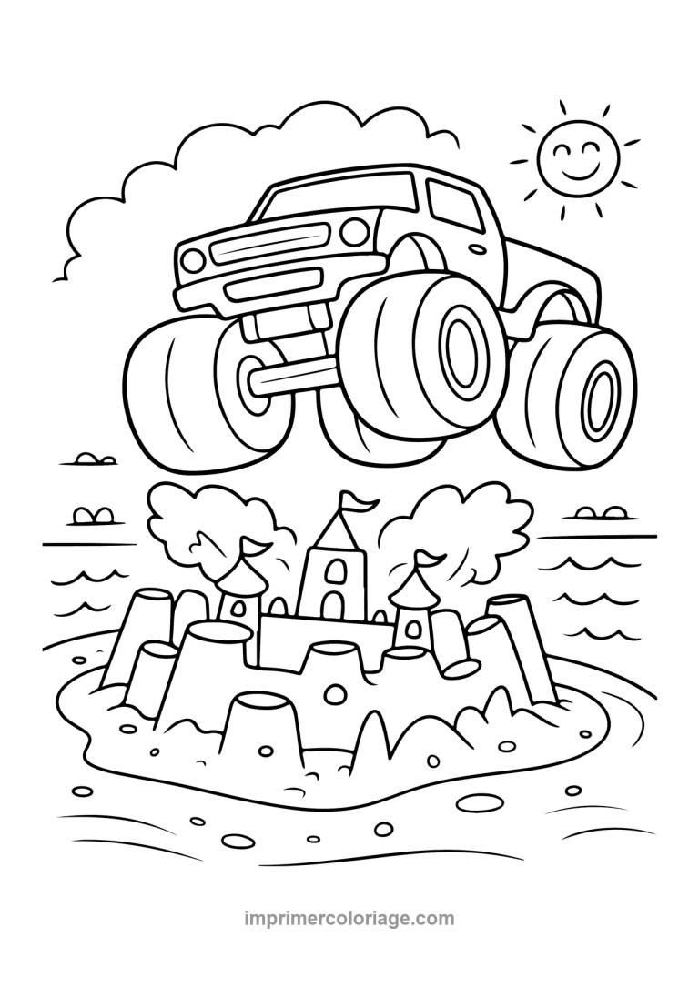 monster truck plage chateau sable soleil - dessin gratuit &agrave; imprimer