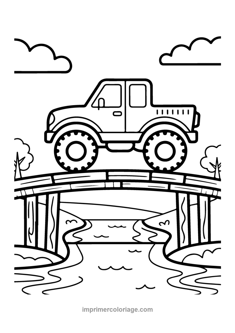 monster truck pont bois riviere arbres - dessin gratuit &agrave; imprimer